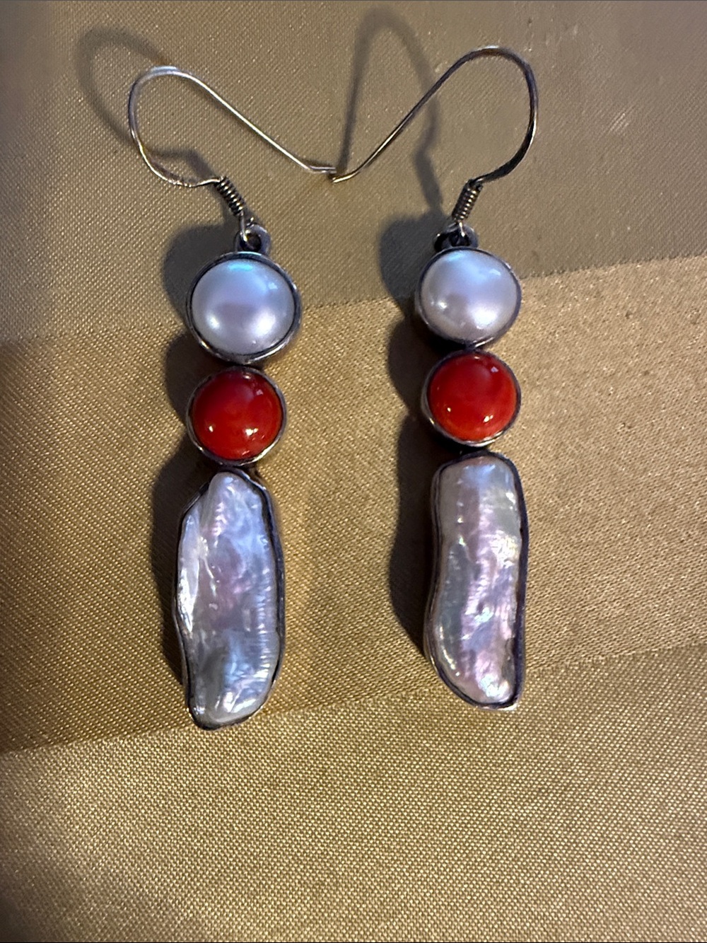 Impressive, Sterling Pearl, Red Coral and Iridescent Drop Earrings